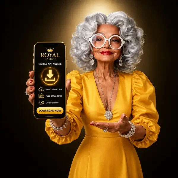 Guide aux cheveux argentés présentant le téléchargement de l'application Spin Granny sur écran de smartphone lumineux