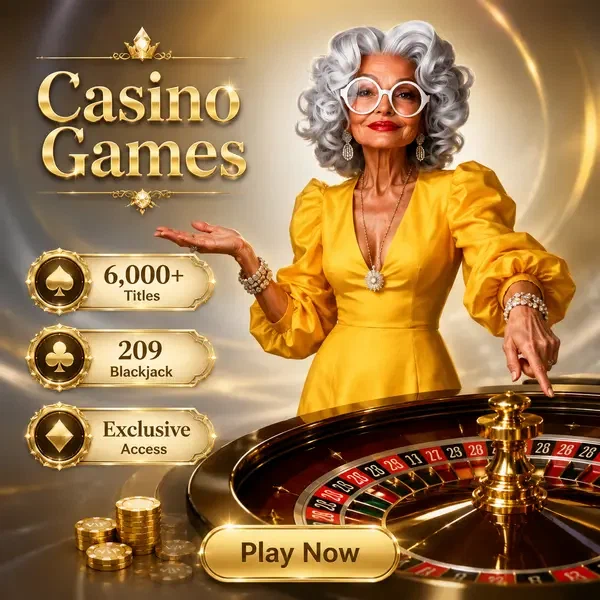 Elegante Frau gestikuliert in Richtung Roulette-Rad in der Spin Granny Casino Games Lobby
