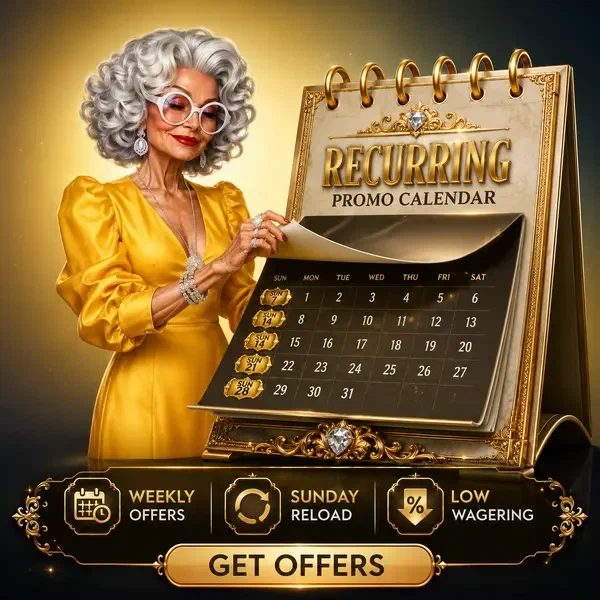 Femme élégante feuilletant le calendrier récurrent des codes promo Spin Granny dans un cadre luxueux