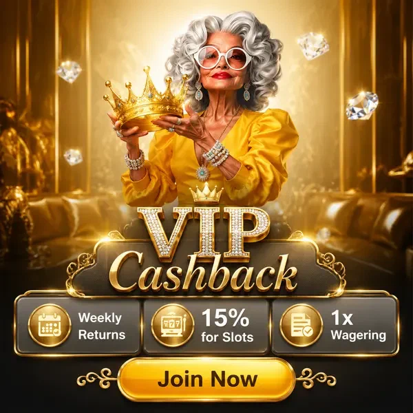 Joueur VIP Cashback Stack présentant une couronne dorée dans un hall de bonus luxueux