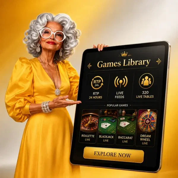 Femme élégante présentant le catalogue de jeux de la Bibliothèque de Jeux Conçue pour le Jeu Régulier avec flux en direct