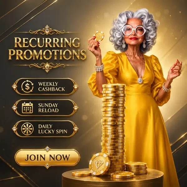 Elegante Frau hebt goldenen Chip bei Spin Granny wiederkehrenden Aktionen hoch