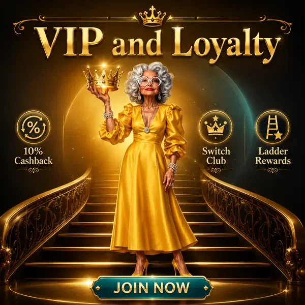 Elegante Frau im goldenen Kleid hält VIP-Krone bei Spin Granny Treueprogramm-Präsentation